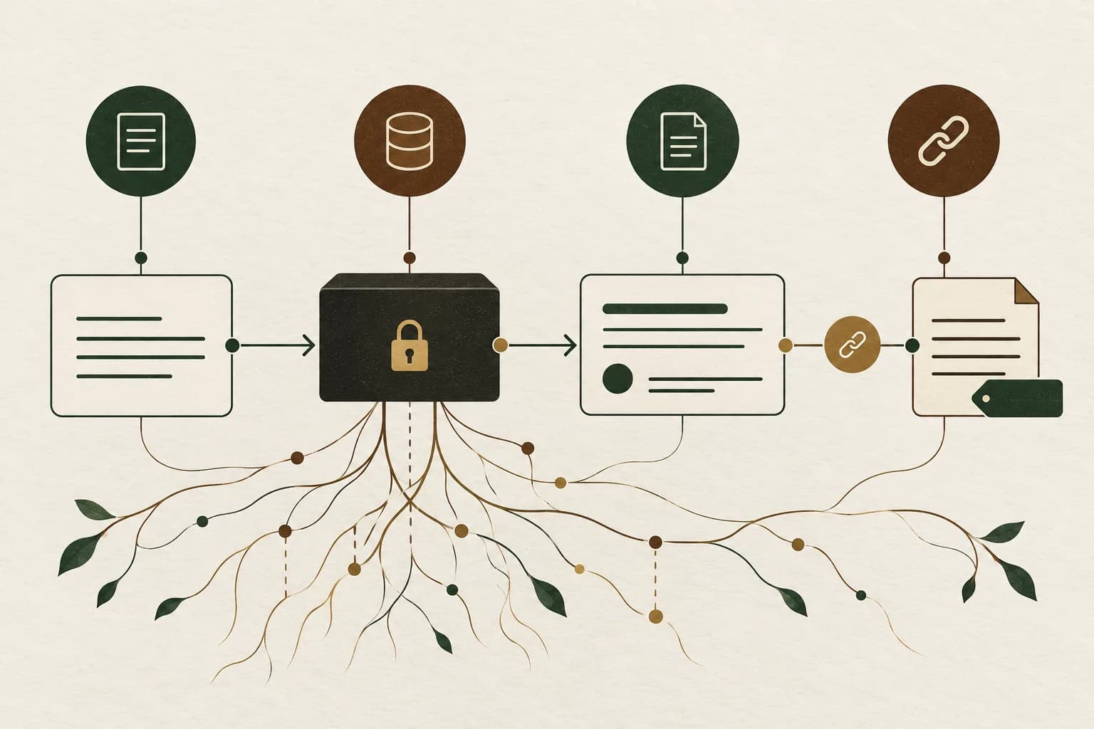 Illustration of AI source tracking: documents and a locked database connect to an answer document and linked citation