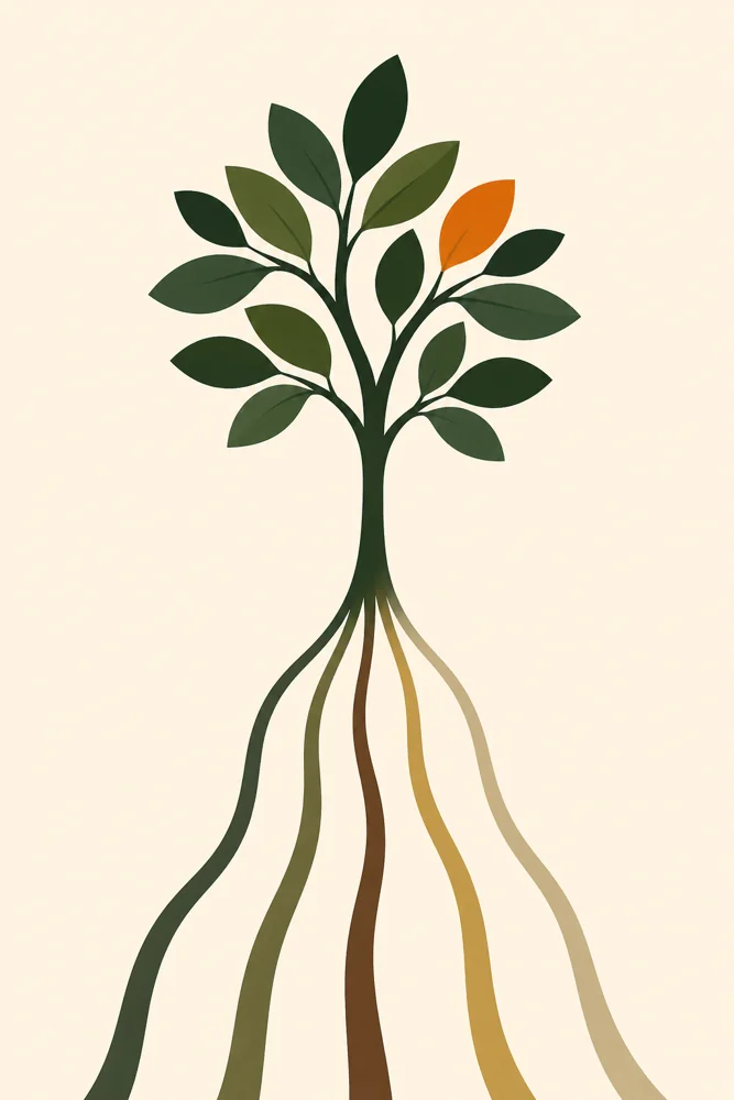 Illustration of five roots feeding a single tree: the five fronts of an answer engine optimization engagement converging on one outcome