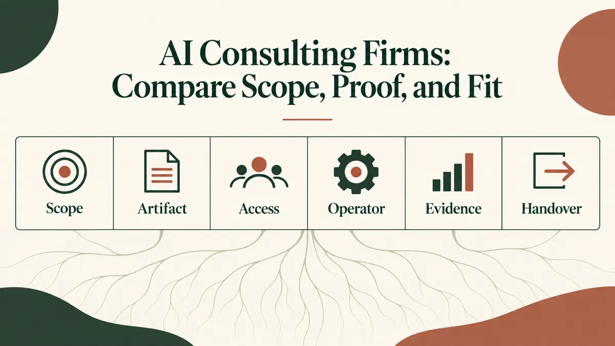 Buyer scorecard comparing AI consulting firms by scope, artifact, access, operator responsibility, evidence, and handover