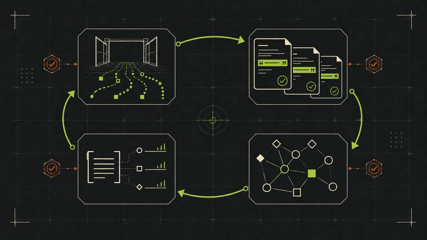 Four-stage AI search audit loop covering crawl access, quotable evidence, entity consistency, and citation measurement