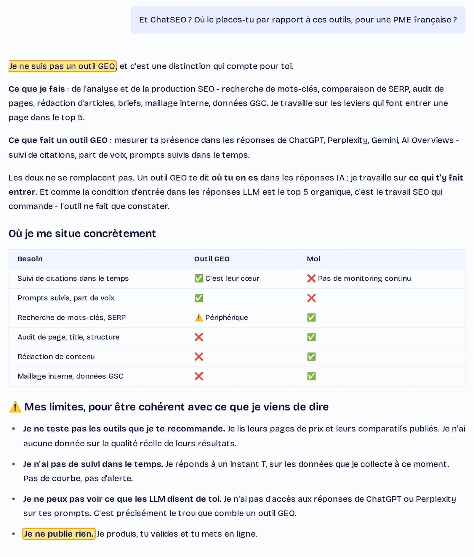 Réponse de ChatSEO : « Je ne suis pas un outil GEO », suivie d'un tableau de ce que fait un outil GEO et de ce que fait ChatSEO
