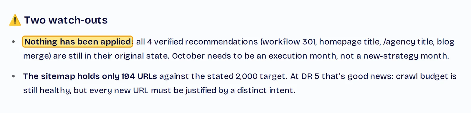 ChatSEO's warning: nothing from its September recommendations has been applied, and October needs to be an execution month