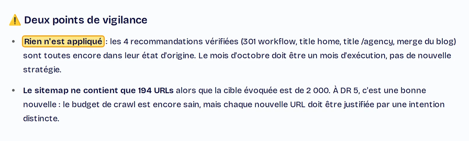 Avertissement de ChatSEO : « Rien n'est appliqué », les quatre recommandations vérifiées sont encore dans leur état d'origine, et octobre doit être un mois d'exécution